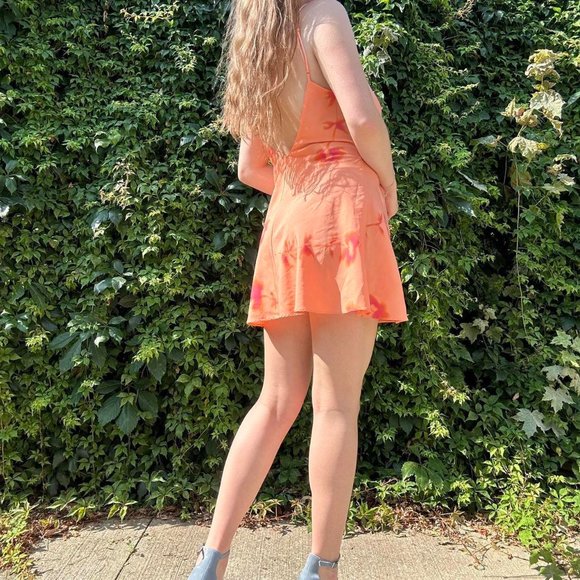 Orange and pink floral mini slip dress with lace up side and low back - Picture 4 of 8